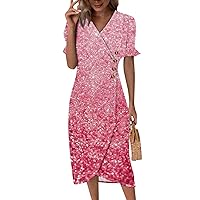 Women's Dresses Summer 2024 Puff Sleeve V Neck High Waist Smocked A-Line Flowy Loose Fit Long Dress, S-3XL