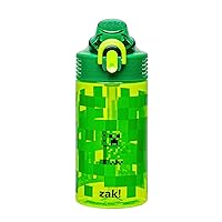 Sage Minecraft Kids Water Bottle For School or Travel, 16oz Durable Plastic Water Bottle With Straw, Handle, and Leak-Proof, Pop-Up Spout Cover (Creeper)