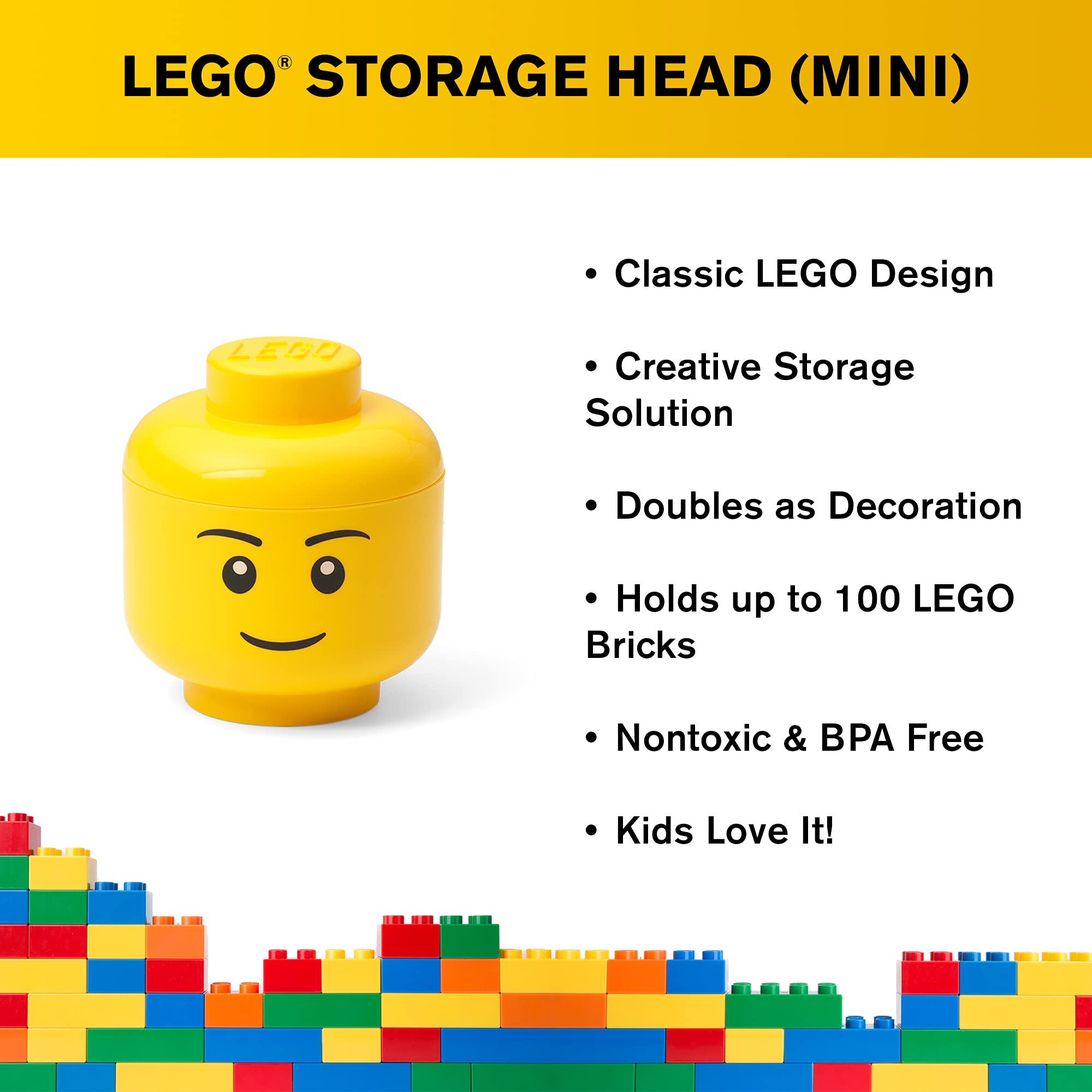 Room Copenhagen, Lego Storage Heads Stackable Storage Container - Buildable Organizational Bins for Kid’s Toys and Accessories - 4.02 x 4.02 x 4.53in - Mini, Boy, Holds 100 Bricks