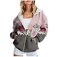 Womens Fall Fashion,Women's Long Sleeve Floral Print Sweatshirt Long Sleeve Pocket Jacket Zipper Hoodie Coat