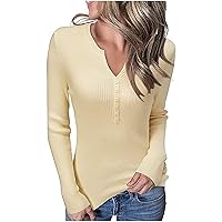 Wirziis Womens Sexy Henley Shirts, Fashion Button Vneck Long Sleeve Tunic Tops, Sexy Casual Slim Fit Solid Color Blouses