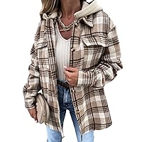 Women's Casual Lapel Button Down Loose Classic Woolen Long Plaid Shirt Coat Tartan Shacket Jacket Hooded With Pocket