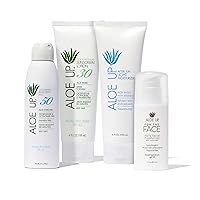 Aloe Up White Collection Sunscreen Spray SPF 50, White Collection Sunscreen Lotion SPF 30, After Sun Light Moisturizer, and SPF 25 For the Face Daily Moisturizer Sunscreen - Suncare Bundle - 4 Items