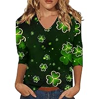 St Patricks Day Shirt Women Fashion Funny Tops Casual V Neck Blouses Plus Size 3/4 Sleeve Shamrock Graphic Cute Shirts