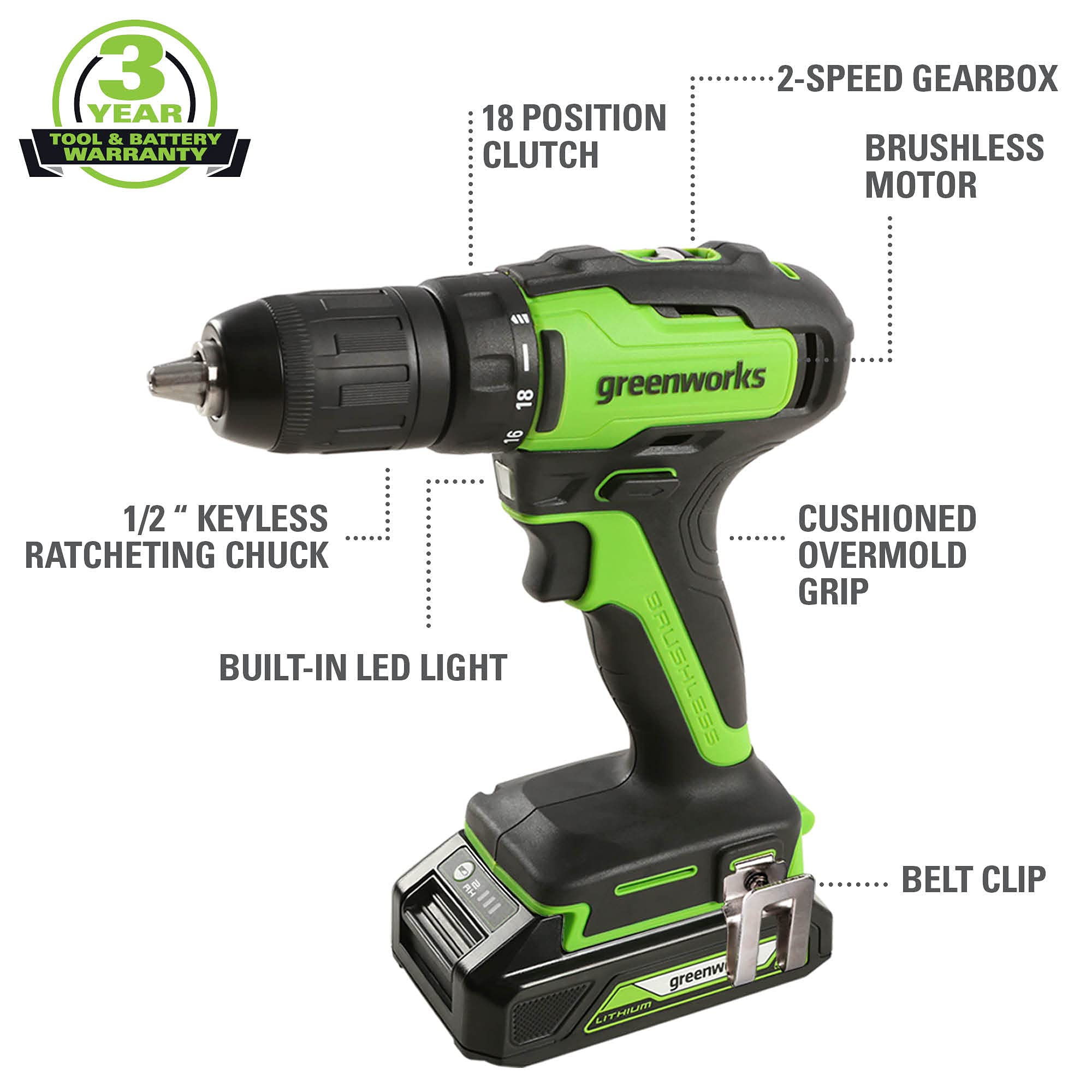 Greenworks 24V Brushless Cordless 1/2-Inch Drill / Driver, (2) 1.5Ah USB Batteries (USB Hub) and Charger Included DD24L1520