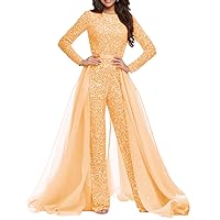 Women's Sequins Formal Jumpsuit with Overskirt Detachable Train 2024 Long Prom Evening Outfits