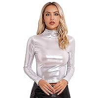 Women's Holographic Shirt Bodycon Shiny Metallic Crop Tops High Neck Long Sleeve Pullover