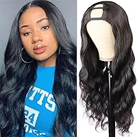 Amella Hair U Part Wig Body Wave Human Hair Wigs 150% Density 10A Brazilian Remy Hair Clip in Half Wig For Black Women U Part Hair Extensions Natural Black Color 28 inch