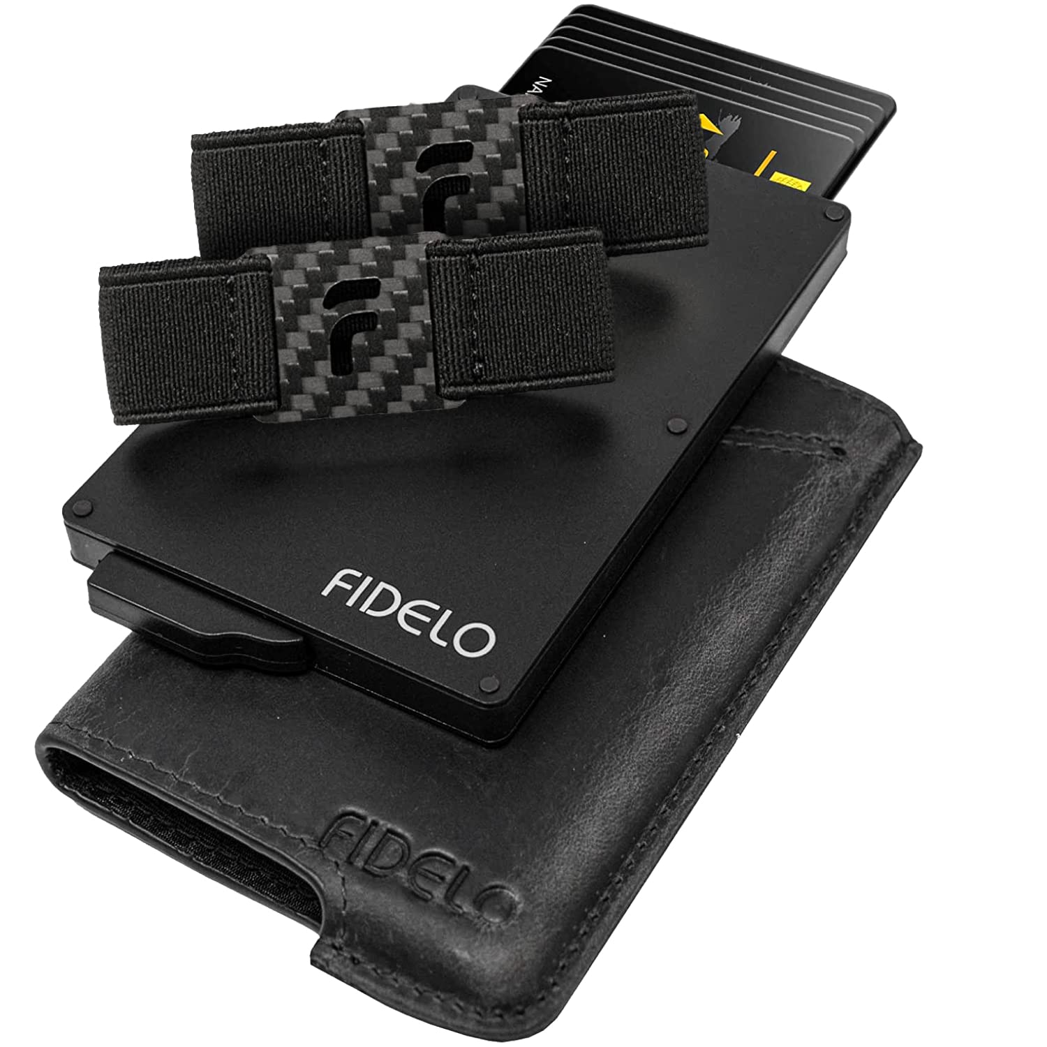 Fidelo Minimalist Wallet for Men - RFID Blocking Pop up Wallet Credit Card Holder, Slim Wallet for Men 6063 Aluminum Wallet with a Card Clip Holder with a Removable Leather Case - Vintage Black