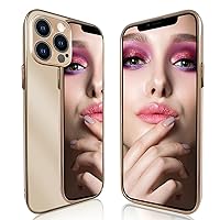 Mirror Case Compatible with iPhone 13 Pro Max Case for Women, Gold Luxury Electroplate Edge Makeup Bling Acrylic Reflective Mirror Back Cover Hard Shell Slim Thin Protective Girly Case Glitter