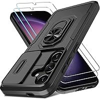 Janmitta for Samsung Galaxy S24 Case Built in Slide Camera Lens Cover+Screen Protector+Finger Ring Holder Kickstand,Heavy Duty Shockproof Full Body Protective Cover,2024 Black