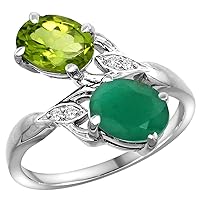 14k White Gold Peridot & Emerald 2-stone Mother's Ring Oval 8x6mm Diamond Accents, 3/4 inch wide, sizes 5 - 10
