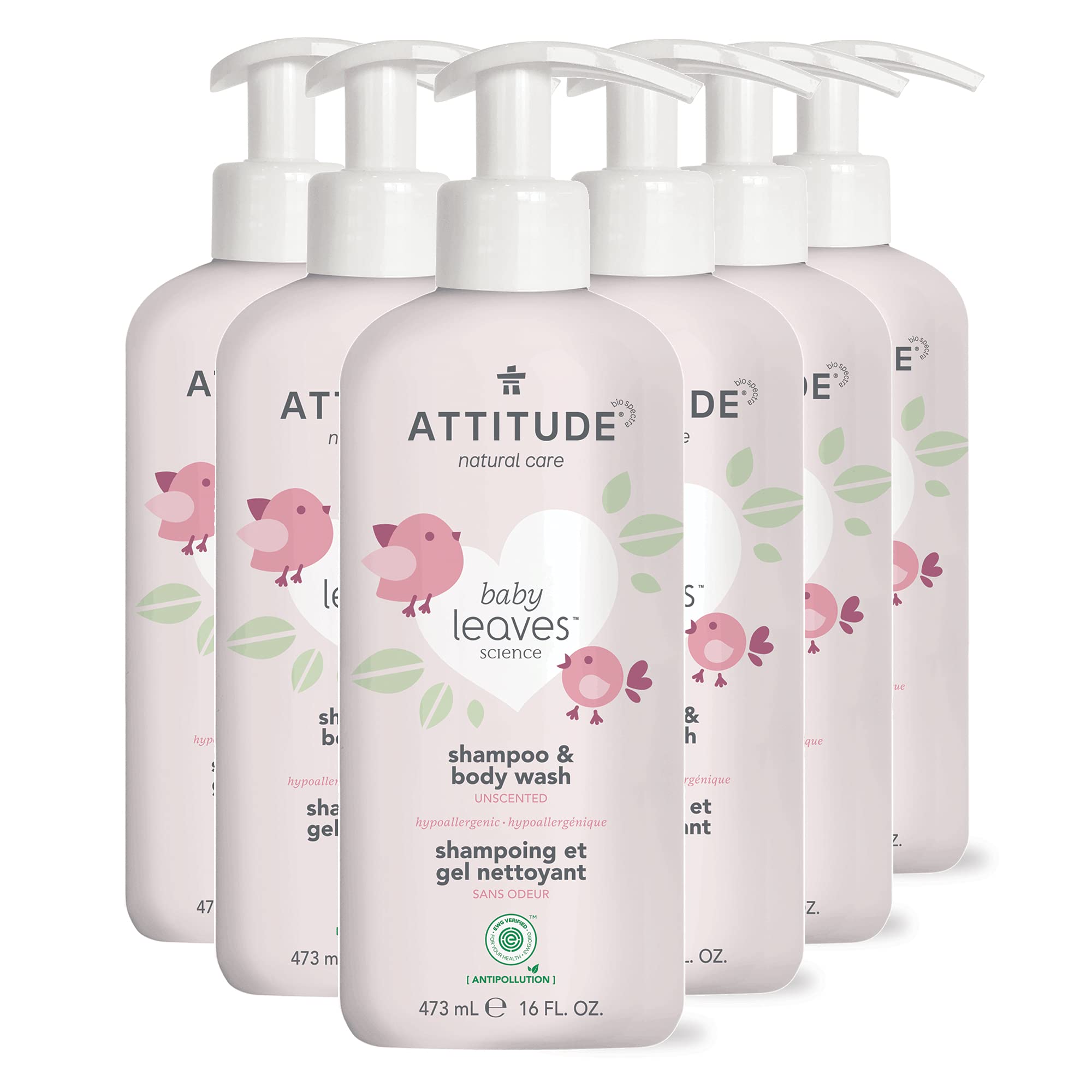 ATTITUDE 2-in-1 Shampoo and Body Wash for baby, EWG Verified, Plant and Mineral-Based Ingredients, Vegan and Cruelty-free Personal Care Products, Unscented, 16 Fl Oz (Pack of 6)