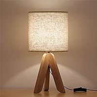 Small Bedside Table Lamp - Wooden Tripod Nightstand Lamp for Bedroom, Living Room, Office, Home with Fabric Linen Shade - 13.4 Inches (Without Bulb)