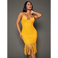 Dresses for Women Women's Dress Fringe Hem Backless Halter Neck Bodycon Dress Dresses (Color : Yellow, Size : Small)