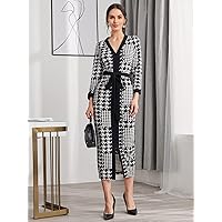 Women's Dress Houndstooth Split Hem Belted Dress Dresses for Women (Color : Black/White, Size : Small)