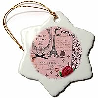 3dRose orn_76593_1 Stylish Vintage Pink Paris Collage Art Eiffel Tower Red Rose Girly Gothic Black Bow Snowflake Decorative Hanging Ornament, Porcelain, 3-Inch