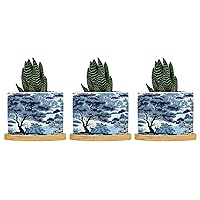 Blue and White Indigo Chinoiserie Planter Ceramic Navy Chinoiserie Pine Tree Round Plant Pot with Drainage Holes and Bamboo Tray Pot for Home Desktop Office Windowsill