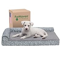 Furhaven Memory Foam Dog Bed for Medium/Small Dogs w/ Removable Bolsters & Washable Cover, For Dogs Up to 35 lbs - Plush & Almond Print L Shaped Chaise - Gray Almonds, Medium