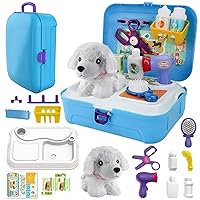 Pet Care Playset, 16Pcs Kids Doctor Kit with Plush Dog & Backpack for Dog Grooming & Feeding, Pet Doctor Pretend Play Toys for 3 4 5 6 7 Years Old Girls Boys Birthday