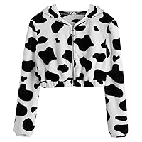 Women's Zip Up Cropped Fleece Hoodie Cow Print Sweatshirt Cute Workout Long Sleeve Crop Top Trendy Jacket for Girls