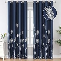 Estelar Textiler Blackout Curtains for Living Room 84 Inches Long Silver Palm Tree Printed Thermal Insulated Room Darkening Curtains for Bedroom, Navy Blue, 52Wx84L, 2 Panels