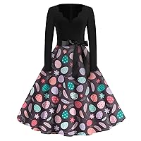 Lightning Deals of Today Prime by Hour Easter Dresses for Women A Line Print Elegant Cute Patchwork Slim with Waistband Long Sleeve Scoop Neck Dress Dark Purple XX-Large