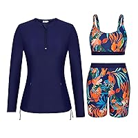 JASAMBAC 3 Piece Long Sleeve Rash Guard for Women Half Zip UPF 50+ Swim Shirt with Zipper Pockets Workout Athletic Swimsuits