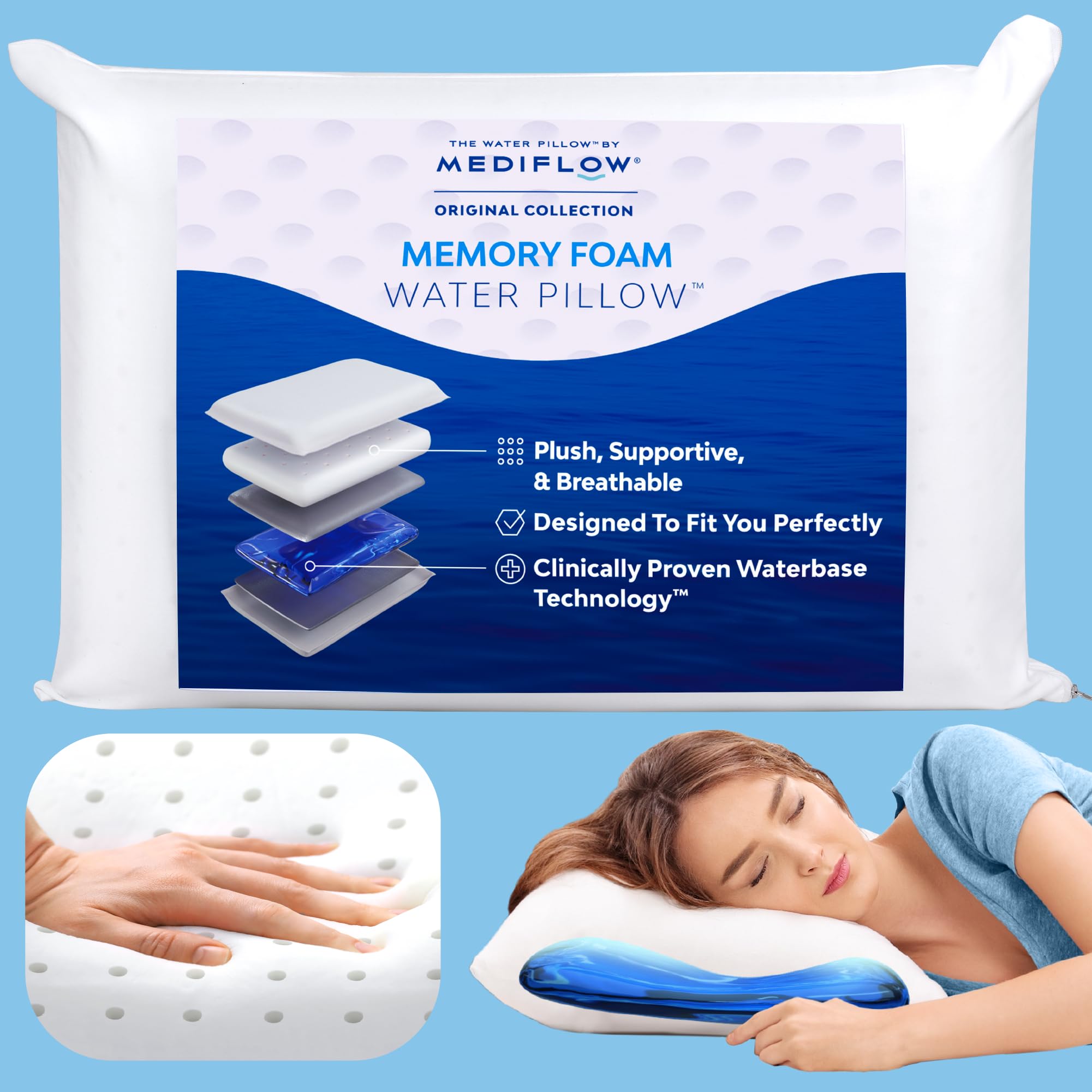 Mediflow Water Pillow Memory Foam re-Invented with Waterbase Technology - Clinically Proven to Reduce Neck Pain & Improve Sleep Quality. (Single Pack)