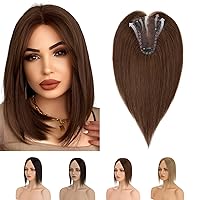 Hair Toppers for Women Real Human Hair No Bangs Lace Base Upgrade Breathable Clip in Remy Hair Topper Hair Pieces for Thinning Hair Wiglets Cover Grey Hair 10inch 4# Medium Brown