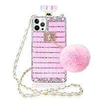 Losin Compatible with iPhone 15 Pro Max Bling Case Luxury 3D Perfume Bottle Design for Women Girls with Crossbody Lanyard Strap & Cute Plush Furry Ball Glitter Sparkle Shiny Diamond Rhinestone Cover