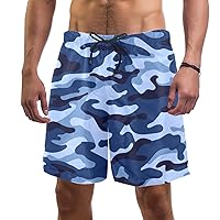 Camouflage Blue Quick Dry Swim Trunks Men's Swimwear Bathing Suit Mesh Lining Board Shorts with Pocket, L