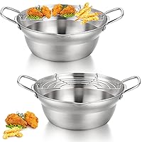 2 Pcs 1.7L Japanese Style Tempura Frying Pan Deep Fryer Pan 304 Stainless Steel Wok with Oil Drip Drainer Rack Small Portable Silver Non Stick Pan for Kitchen French Fries Turkey Chicken