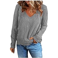 Womens Comfy Tshirts Long Sleeve Basic Tees V Neck Cute Tops Solid Loose Fit Shirts Trendy Work Blouses Soft T Shirts