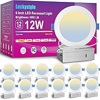 12 Pack 6 Inch 5CCT Ultra-Thin Canless LED Recessed Ceiling Light with Junction Box, Selectable 2700K/3000K/3500K/4000K/5000K,12W Eqv 110W, 1050LM Dimmable Wafer Down Light-ETL&FCC