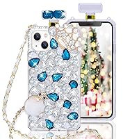 LUVI Compatible with iPhone 13 Mini Perfume Bottle Case Cute Bling Diamond Rhinestone Glitter for Women Girls with Crossbody Neck Strap Lanyard Chain 3D Handmade Phone Case Blue