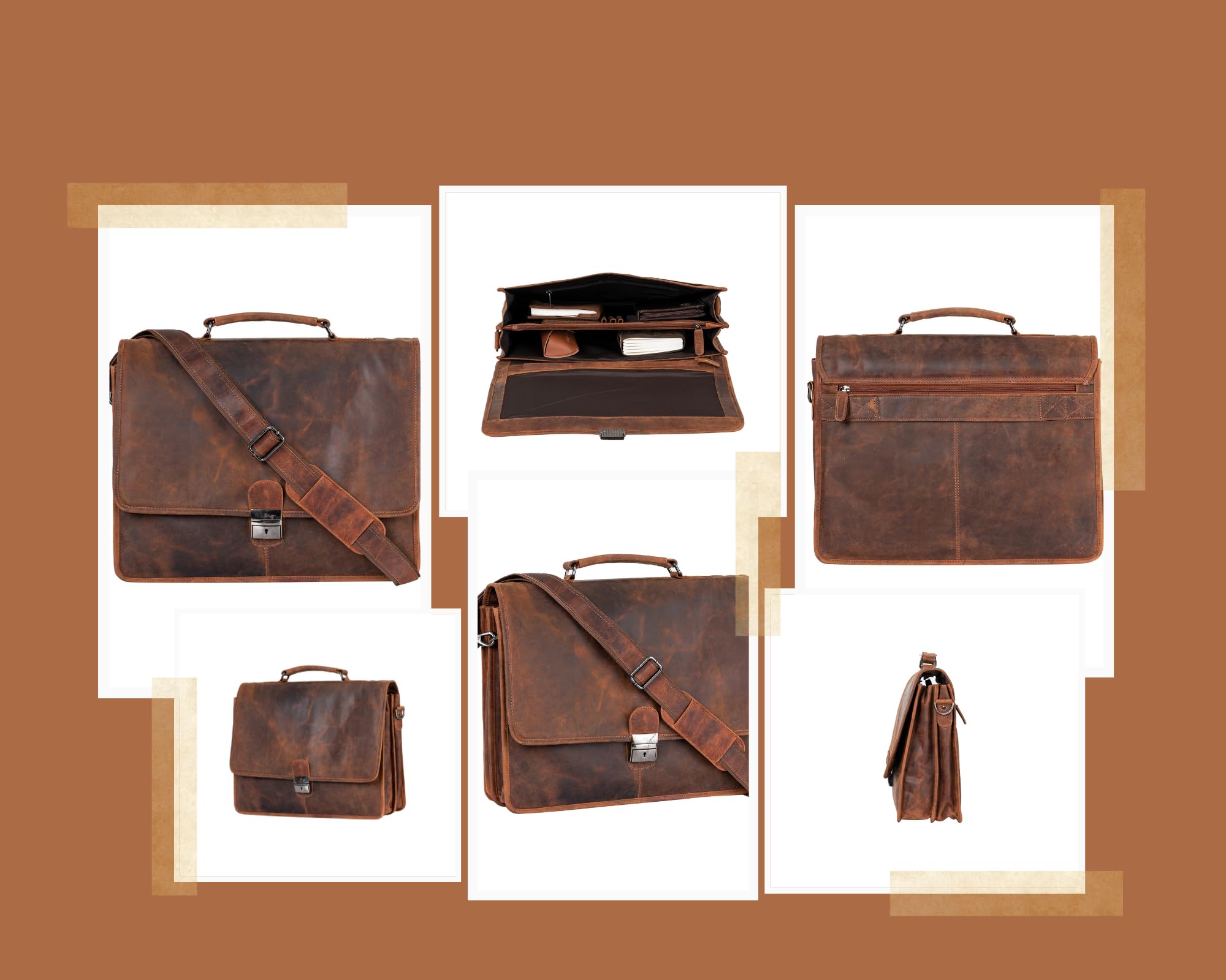 LEATHER LADY Men's Vintage Leather Briefcase Brown Messenger Satchel Shoulder Laptop Bag Business Overnight Travel Bag