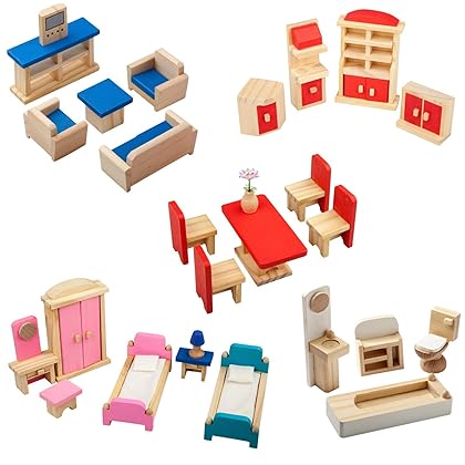 Giragaer Wooden Dollhouse Furniture 5 Set, Wood Doll House Miniature Bathroom/Living Room/Dining Room/Bedroom/Kitchen House Furniture Doll Decoration Accessories Pretend Play Kids Toy Colorful…