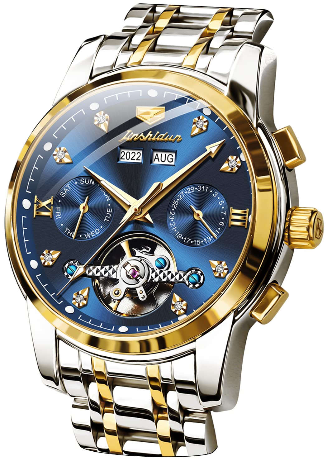 JSDUN Mens Automatic Watch Skeleton Mechanical Self Winding Diamond Luxury Business Dress Wrist Watches Calendar Stainless Steel Waterproof Luminous