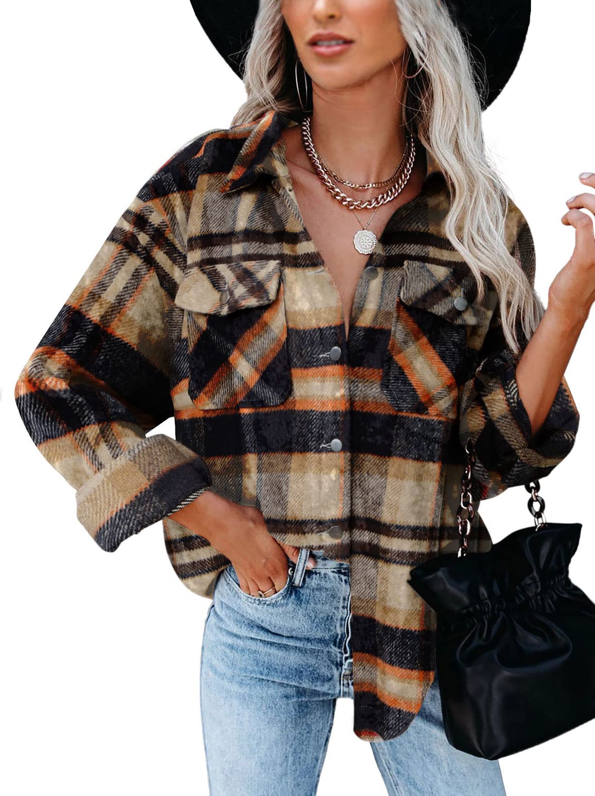 BTFBM Women Corduroy Shacket Jacket 2023 Long Sleeve Button Down Casual Plaid Flannel Shirts Boyfriend Fall Blouses Tops