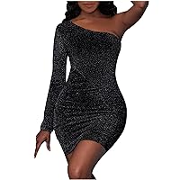 Elainone Women’s Sexy One Shoulder Sequin Dress Long Sleeve Glitter Ruched Bodycon Cocktail Party Club Mini Dresses