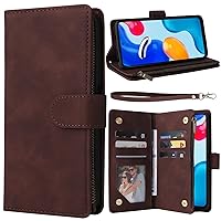 XYX Wallet Case for Xiaomi Redmi Note 13 Pro 5G, Solid Color Pu Leather Zipper Pocket Cover with 6 Card Slots Wrist Strap Kickstand, Coffee