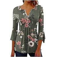 Henley Shirts Plus Size Women 3/4 Length Sleeve Pleated Tops Going Out Dressy Blouse Cute Basic Tees Tops Daily Wear