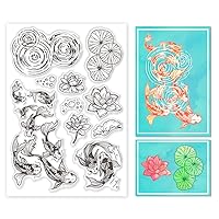 GLOBLELAND Lotus and Koi Fish Clear Stamps for Cards Making Pond Scenery Clear Stamp Seals Transparent Stamps for DIY Scrapbooking Photo Album Journal Home Decoration