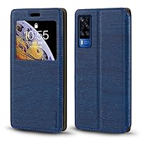 for Vivo Y33 V2057 Case, Wood Grain Leather Case with Card Holder and Window, Magnetic Flip Cover for Vivo Y33 V2057 (6.58”) Blue