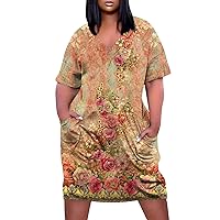 Plus Size Dresses for Curvy Women Short Sleeve Summer Loose V Neck Knee Pocket Gradient Print Casual Dress for Women