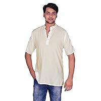 Indian 100% Cotton Men’s Shirt Kurta Tunic Solid Print Cream Color Half Sleeves