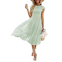 MEROKEETY Women's Summer Flutter Short Sleeve Smocked Midi Dress Swiss Dot Flowy Tiered Dresses