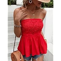 Women's Tops Sexy Tops for Women Shirts Guipure Lace Panel Peplum Tube Top Shirts for Women (Color : Red, Size : X-Small)