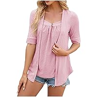 Womens Dressy Fake Two-Piece Tops 2024 Summer Eyelet Jacquard Solid T-Shirts Short Sleeve V Neck Casual Office Tees